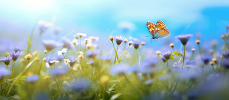 Butterfly on the flower meadow. Beautiful nature scene.の素材