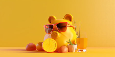 Piggy bank with sunglasses and orange juice on yellow background. 3d renderingの素材