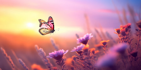 Butterfly on a flower at sunset. Beautiful nature background.の素材