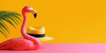 Summer concept with pink flamingo, hat and palm leaf on yellow background. 3d renderingの素材