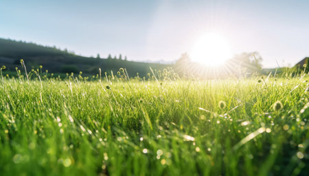 Green grass with dew drops on a sunny meadow in summerの素材