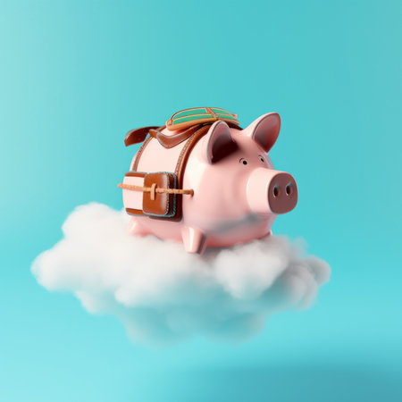 Piggy bank on a white cloud. 3D illustration.の素材