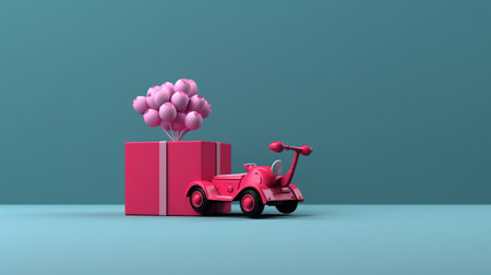 3d illustration of red scooter carrying a gift box with pink balloons.の素材