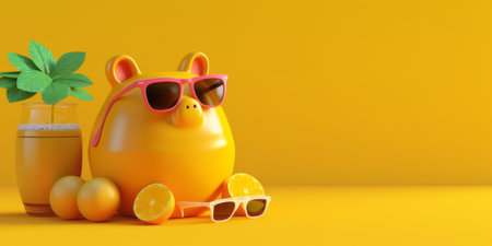 Piggy bank with sunglasses, orange juice and cocktail on a yellow background. 3d renderingの素材