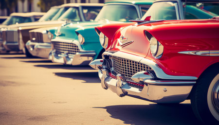 Vintage american cars in a row on a sunny day.の素材