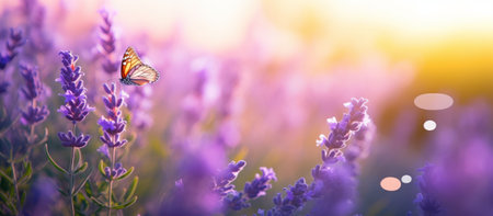 Butterfly on lavender flower at sunset. Nature background.の素材