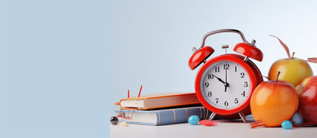 Back to school concept. Red alarm clock, books, apple, pencils on blue backgroundの素材