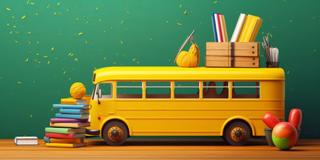 School bus with books and stationery on the table. 3d illustrationの素材