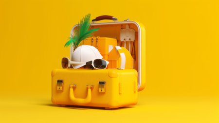 Suitcase with hat, sunglasses and flip flops on yellow backgroundの素材