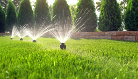 Sprinkler spraying water on green grass in garden with tree backgroundの素材