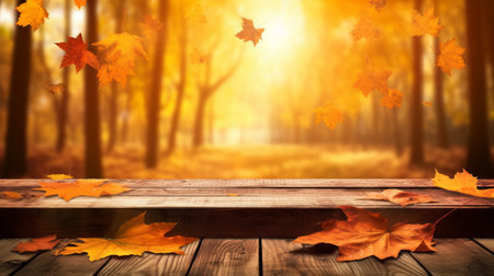 Wooden table with autumn leaves on blurred forest background. Collageの素材