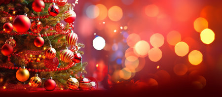 Christmas tree with red and gold baubles on bokeh backgroundの素材