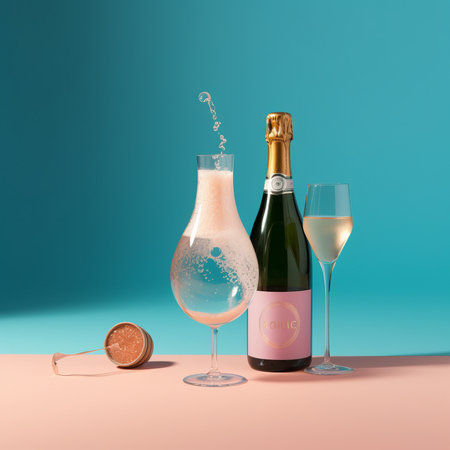 Bottle of champagne and two glasses on a blue background. 3d renderingの素材