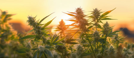 Cannabis flower blooming in the field at sunset. Cultivation of medical marijuana in the home.の素材