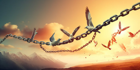 Conceptual image of seagulls flying over chain with sunset backgroundの素材