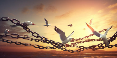 Conceptual image of seagulls flying over a chainの素材
