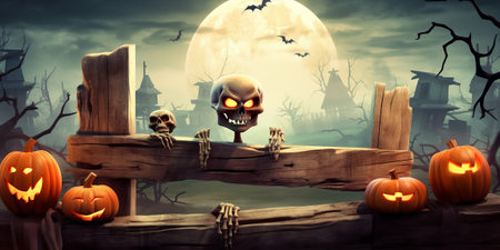 Halloween background with pumpkins and cemetery. 3D illustration.の素材
