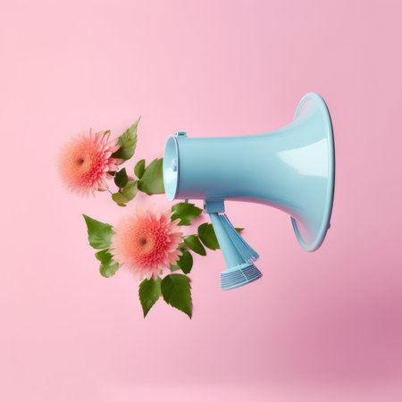 Megaphone with flowers on a pink background. 3d renderingの素材