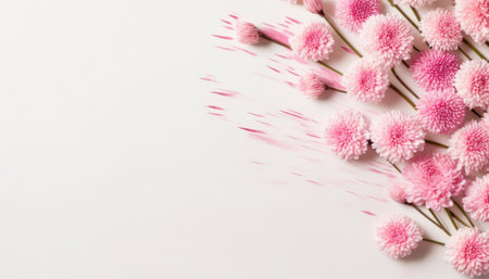 Pink chrysanthemum flowers on white background with copy spaceの素材