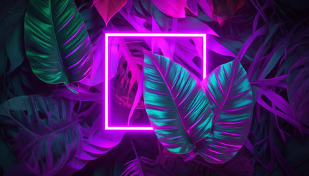 Abstract neon background with tropical leaves. 3d rendering, 3d illustration.の素材