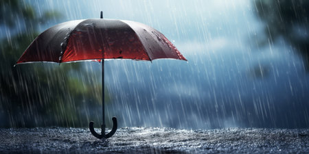 Rainy weather concept. Red umbrella in rain. 3D renderingの素材