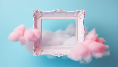 White picture frame with pink clouds on blue background. 3d renderingの素材