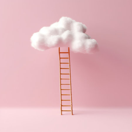 Conceptual image of ladder leading to white cloud on pink backgroundの素材