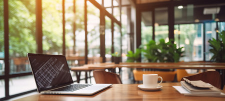 Laptop and coffee cup on wooden table in coffee shop. Business and technology concept.の素材