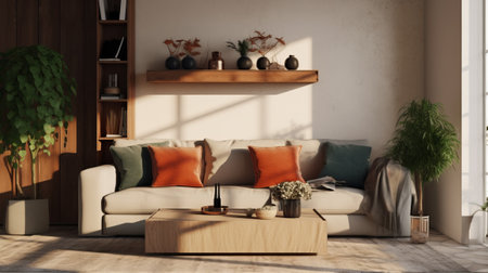 Living room interior with sofa, coffee table and plants. 3d renderの素材