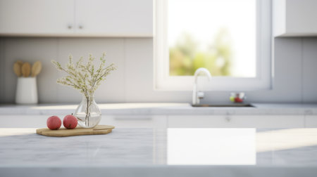Kitchen countertop with fresh flowers in vase. Blurred backgroundの素材