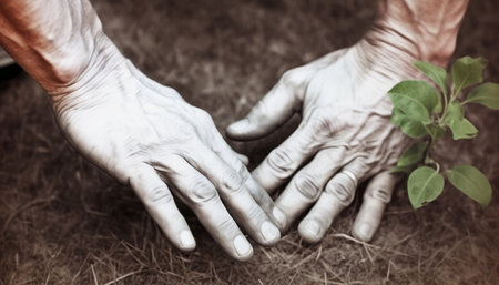 Close up of hands of senior man planting a tree in the gardenの素材