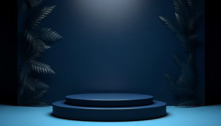 Dark blue background with podium and tropical leaves. 3D rendering.の素材