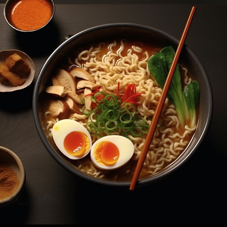 Japanese ramen noodle soup with egg, vegetables and mushrooms on wooden tableの素材