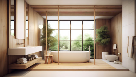 Interior of modern bathroom with wooden walls, concrete floor, comfortable white bathtub standing near the window. 3d renderingの素材