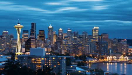 Seattle skyline at dusk with urban skyscrapers and cloudy sky.の素材
