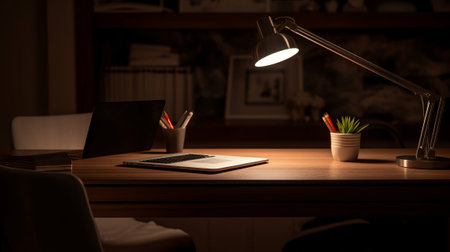Close up of a desk with a laptop and a lamp at nightの素材