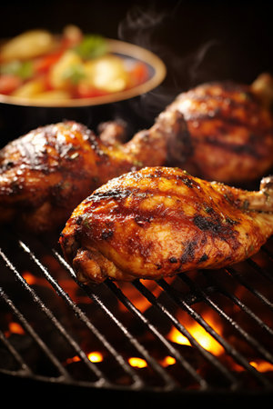 Grilled chicken legs on a barbecue grill with flames in the backgroundの素材
