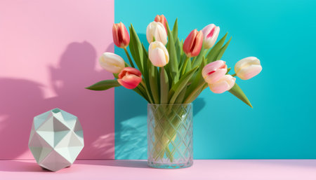 Tulips in a vase on a pink and blue backgroundの素材