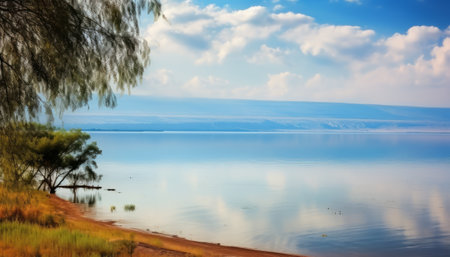 Panoramic view of the lake and the trees on the shoreの素材