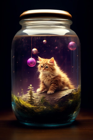 Cute ginger kitten in a glass jar on a dark background.の素材