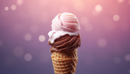 Ice cream cone with pink and white chocolate on purple bokeh backgroundの素材