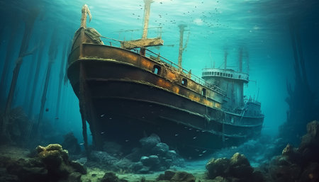 Abandoned ship wreck in the deep blue sea. 3d renderingの素材