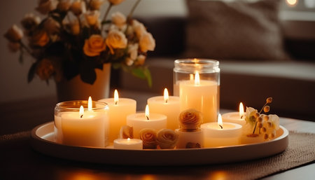 Beautiful burning candles and flowers on table in room, closeupの素材
