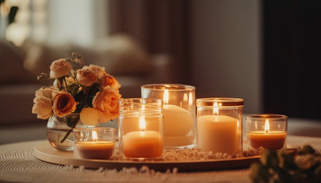 Burning candles and flowers in glass vase on table in roomの素材