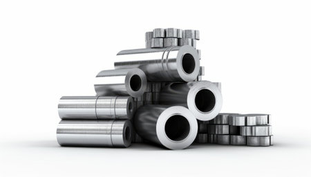 3d rendering of heap of steel pipes isolated in white studio backgroundの素材