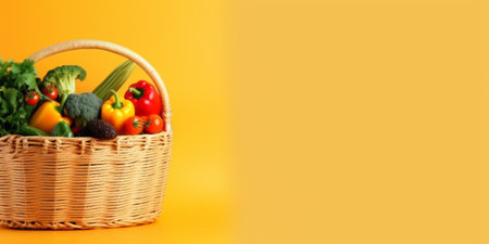 Fresh vegetables in a wicker basket on a yellow background. Copy space.の素材