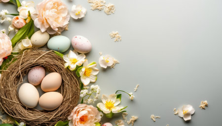 Easter eggs in a nest with spring flowers on a blue backgroundの素材