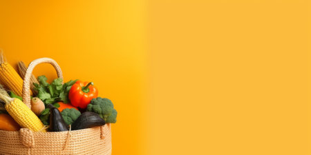 Fresh vegetables in a wicker basket on a yellow background. Copy space.の素材