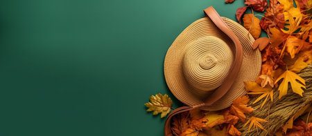 top view of straw hat and autumn leaves on green background, panoramic shotの素材