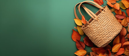 Wicker bag with autumn leaves on green background, top view. Space for textの素材